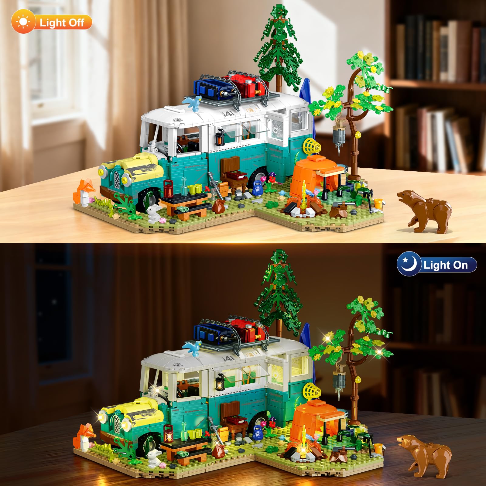 CUBIMANA Sets de Jeux de Construction de Bus Terre Sauvage avec lumière, Jouet de Camping avec Bus et Animaux Amovibles, décoration et présentoir créatifs, Cadeau pour Adultes et Adolescents 1392 pcs