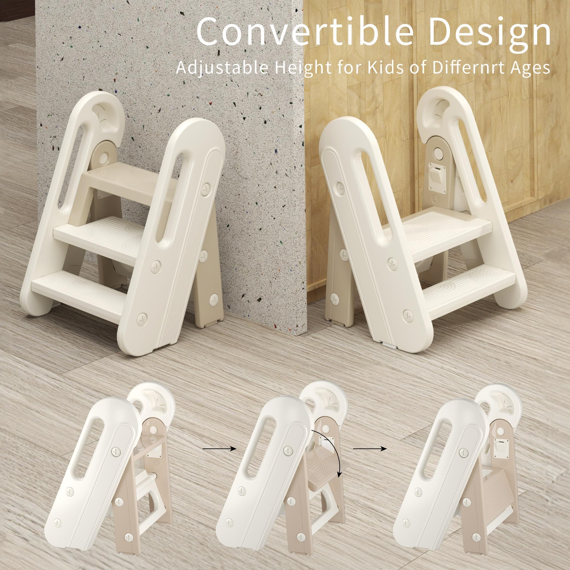 Marche Pied Enfant Pliable 2/3 Marches, Hauteur Réglable et Antidérapant, Escabeau Enfant, Tour d’Observation Montessori pour Cuisine et Toilette, Kaki