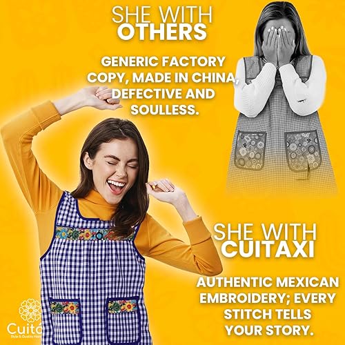 Miniatura 8 de Cuitáxi Delantal tradicional mexicano para mujer con bolsillos hermosos bordados de flores - Mandiles para mujer mexicanos mandil