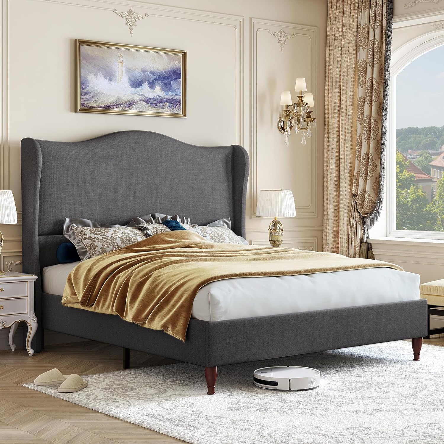 koorlian Full Size Bed Frame Upholstered Platform Bed with 51" Tall Headboard Wingback, Soft Fabric, Retro Simple Style Platform Bed No Box Spring Needed, Easy Assembly, Grey