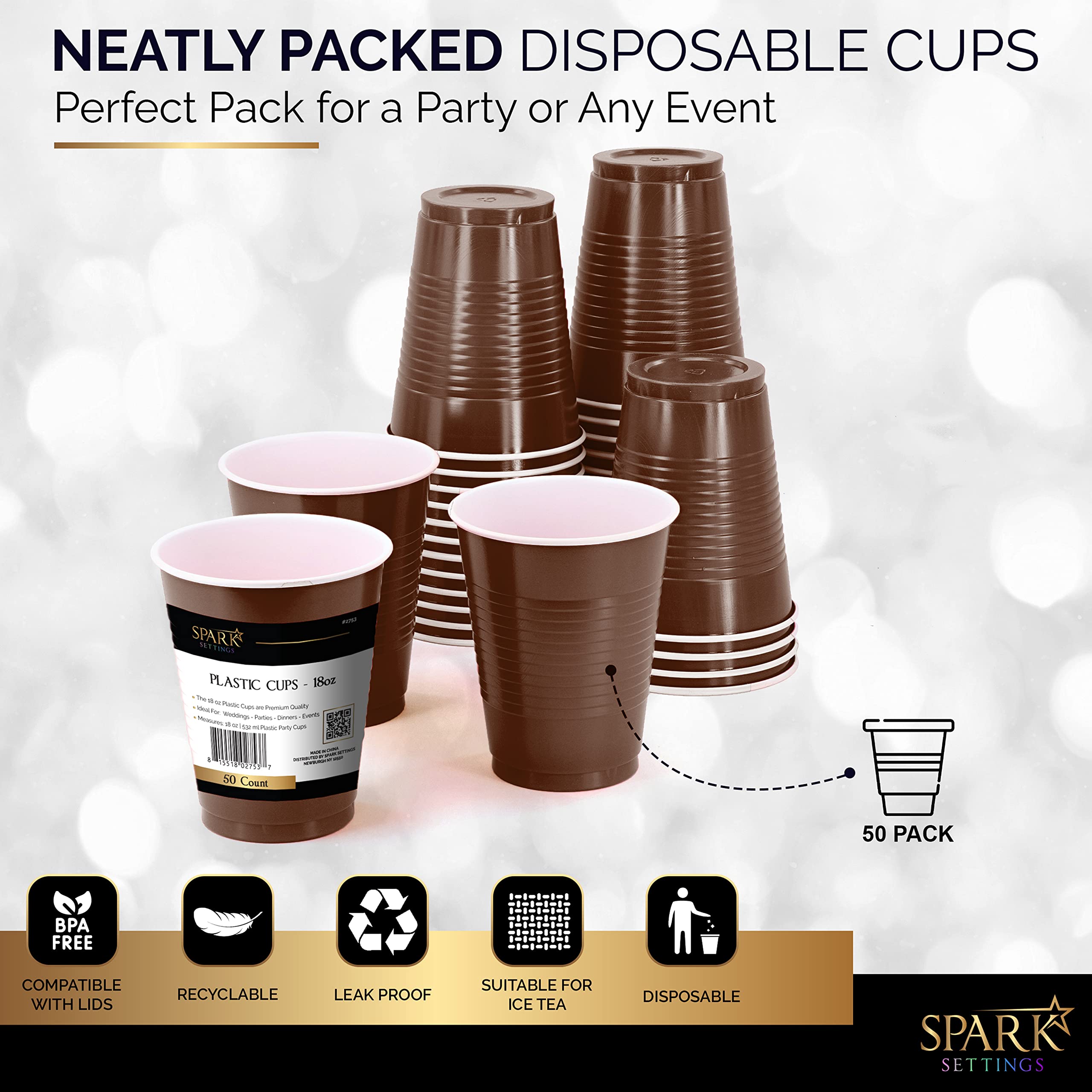 Amcrate Disposable Cups, Brown 18-Ounce Plastic Party Cups, Strong and Sturdy for Wedding, Christmas, Halloween, 50 Pack — Amazon image 4