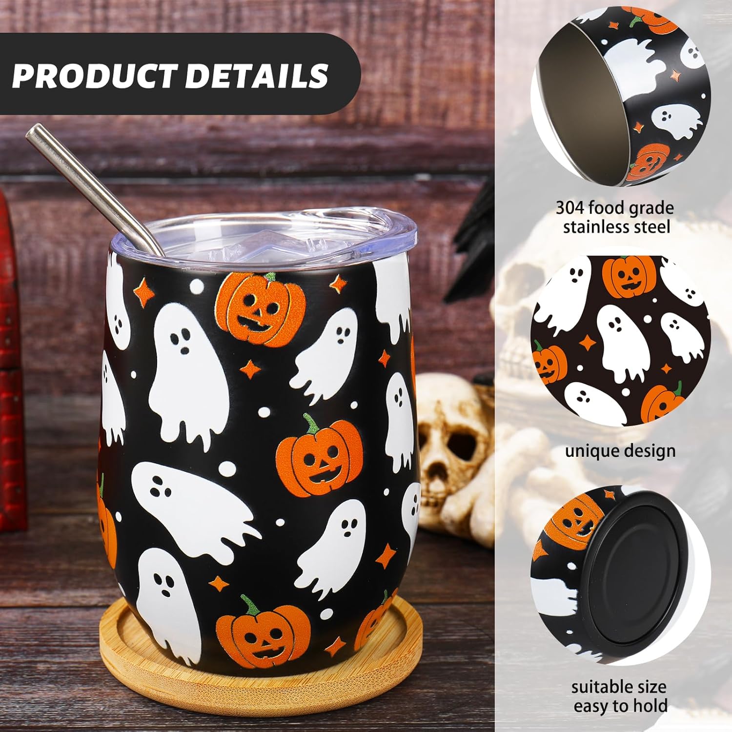 Whaline Halloween Stainless Steel Wine Tumbler with Straw and Lid Ghost Pumpkin Coffee Mug Black White Orange Insulated Tumbler for Hot and Cold Drinks - Image 3