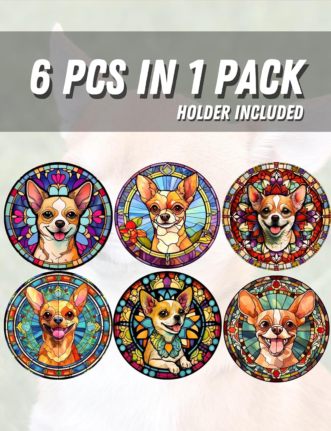 Onebttl Chihuahua Gifts Coaster, Ceramic, Set of 6, with Gift Box, Absorbent with Cork Base, Gifts for Chihuahua Lovers, Home Decor for Housewarming, Thanksgiving, Birthday, Christmas