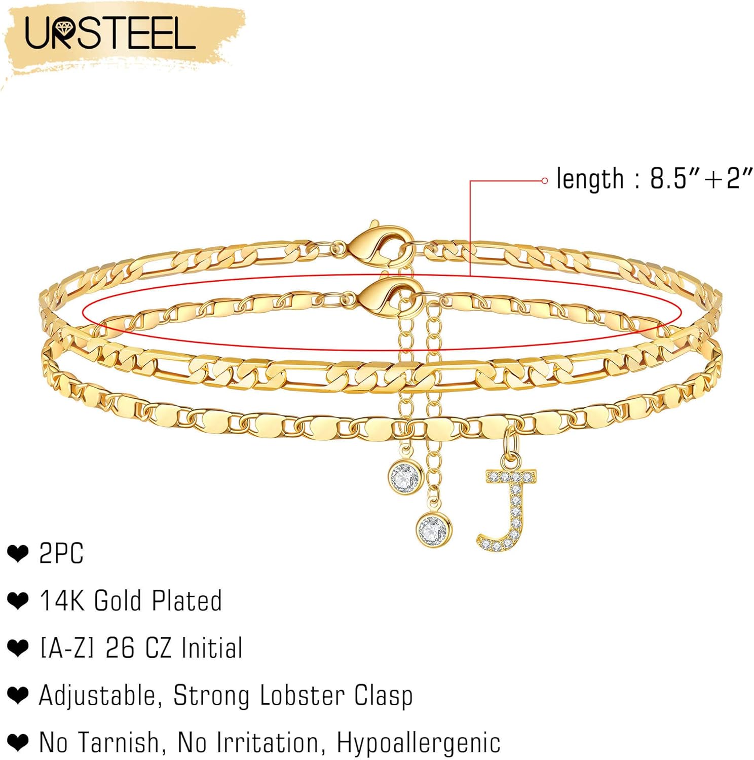 Ursteel Ankle Bracelets for Women, 14K-Gold-Plated Dainty Layered Chain CZ Initial Anklets Set Summer Jewelry Gifts for Women - Image 2