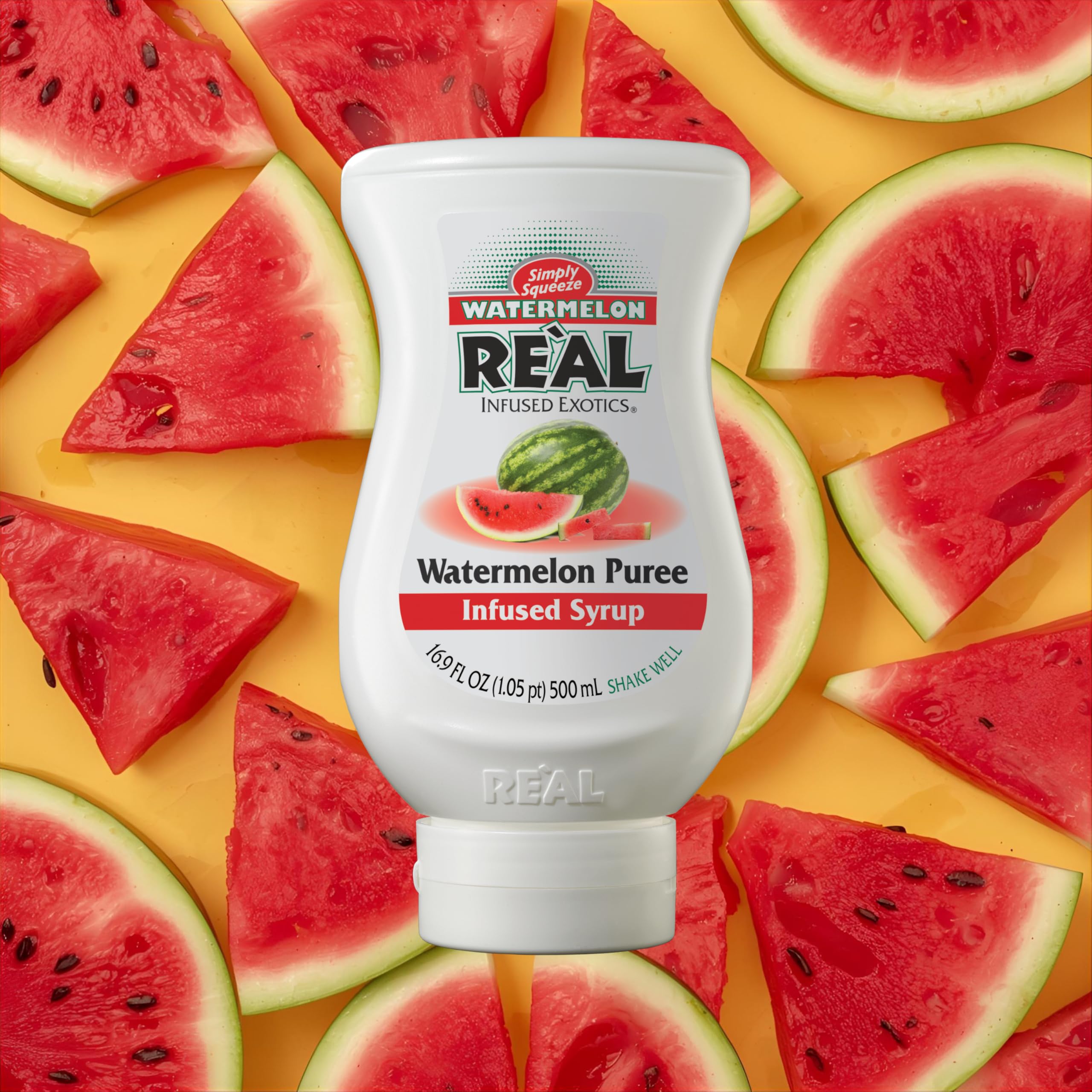 Reàl Infused Exotics, Watermelon, 500 ml, Sciroppo di Anguria, Vegano, Squeeze Bottle, Ideale per Cocktail, Bevande Fresche, Dessert e Piatti Estivi
