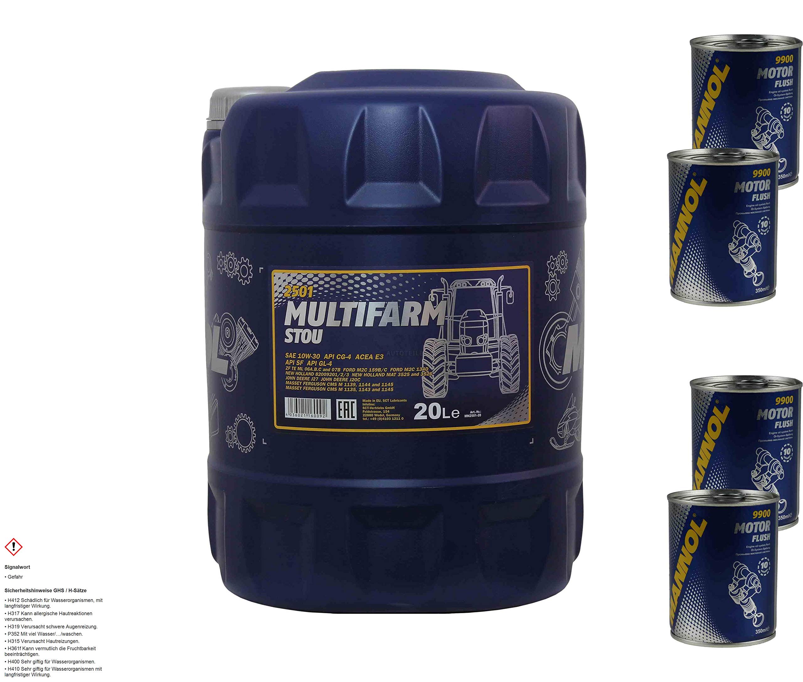Mannol Huile moteur SAE 10W-30W Multifarm STOU 4 x Motor Flush 20 l