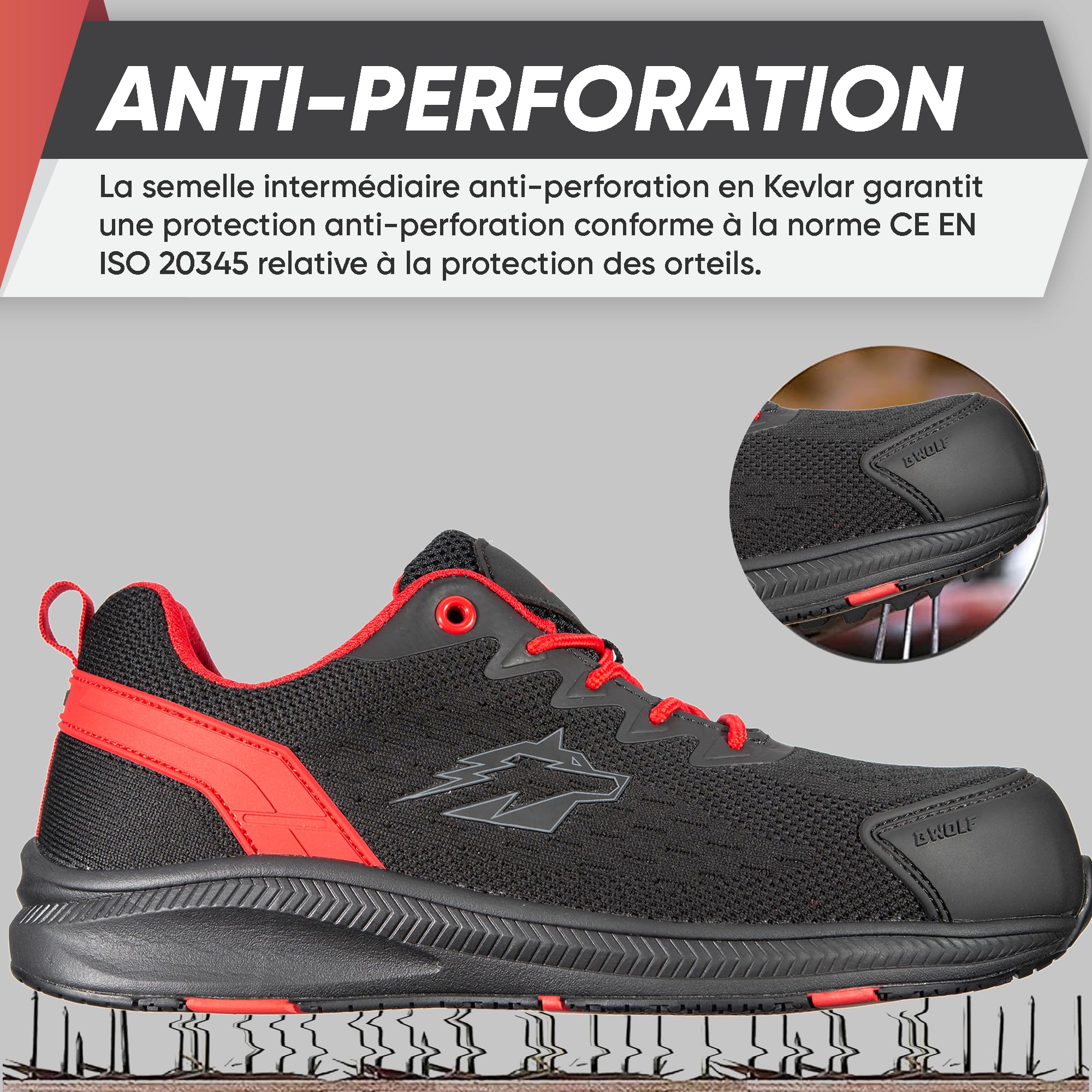 BWOLF Fly S1PS Chaussures de Travail ESD Kevlar Anti-Perforation antidérapantes Semelle EVA Confort