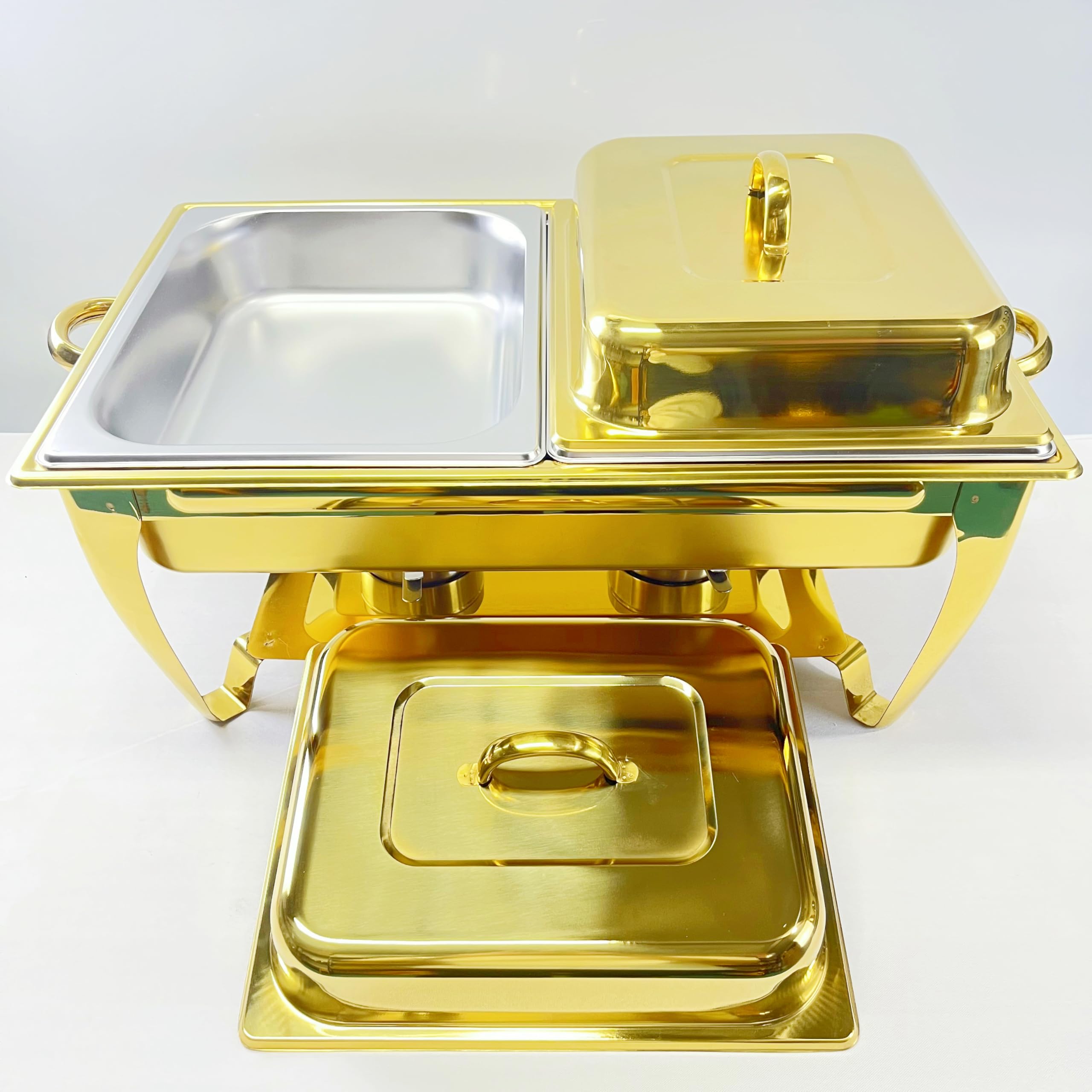 Golden Buffet - Juego de platos de acero inoxidable de 9 L con soporte para combustible y bandeja de agua, perfecto para banquetes, recepciones, bodas y eventos de catering