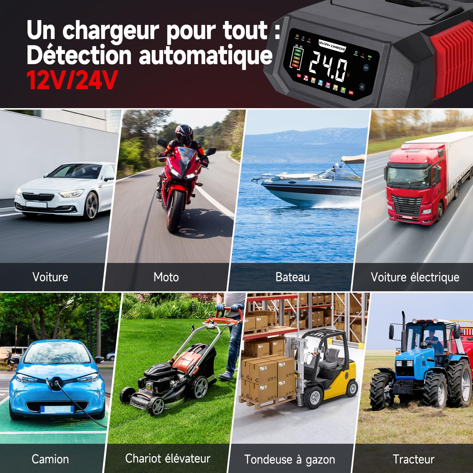 HAUSPROFI Chargeur Batterie Voiture & Moto 12V/24V 20A Intelligent - Courant Réglable (1A-20A), Mode Réparation & Maintien de Charge pour Plomb, AGM, Gel, Lithium LiFePO4, Camion, Camping-Car