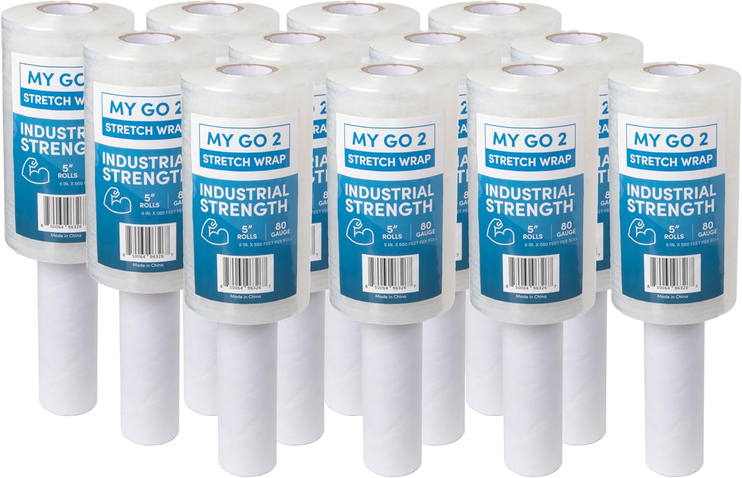 12 Pack 5" Stretch Wrap Rolls, 6000ft Industrial Strength with Handle, 80 Gauge, Clear Plastic Shrink Film for Moving, Packing Pallets, Self-Adhering Heavy Duty Wrap Durable Cling for Secure Packaging