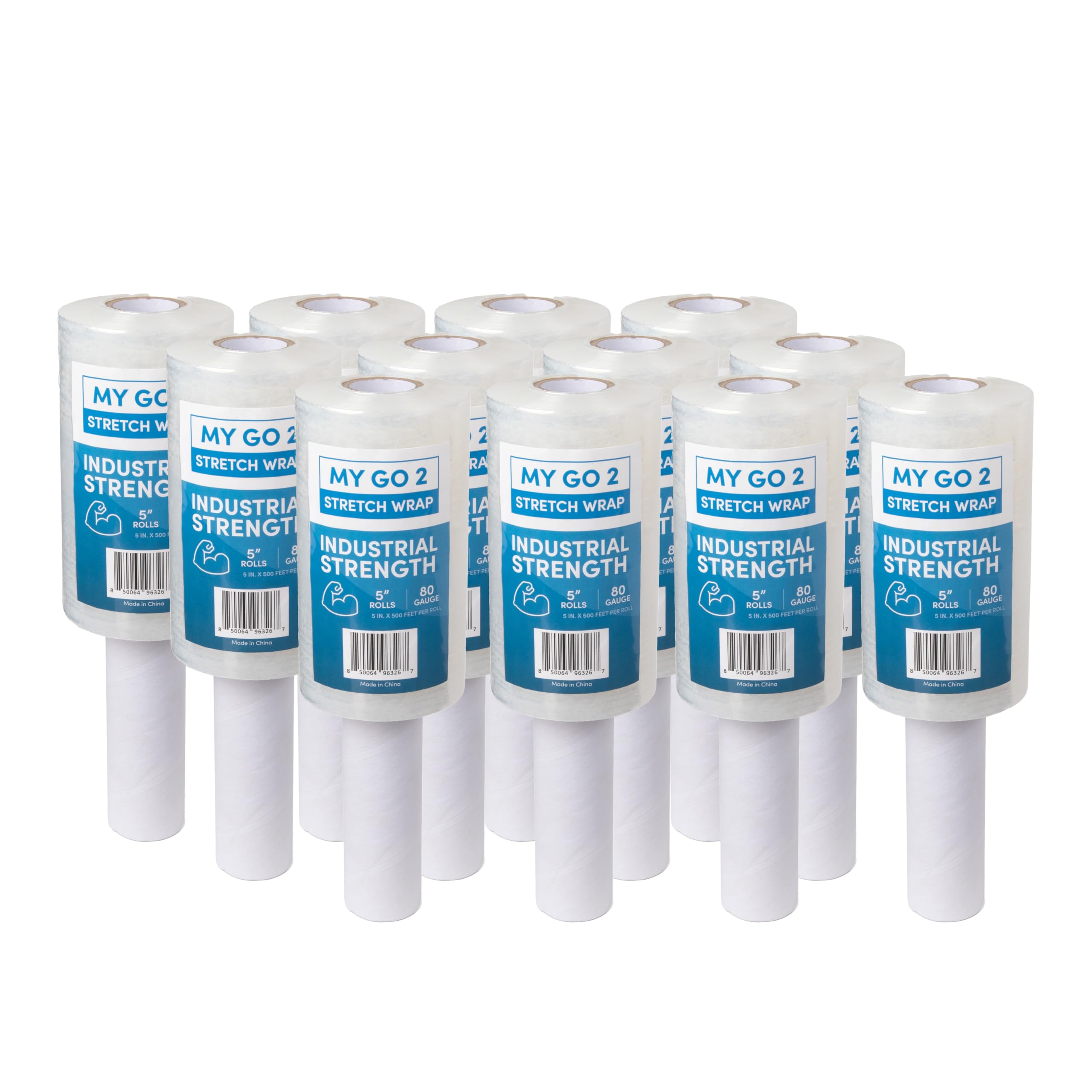 Lot de 12 rouleaux de film étirable de 12,7 cm, résistance industrielle de 1,8 m avec poignée, calibre 80, film rétractable en plastique transparent pour le déménagement, l'emballage de palettes, film
