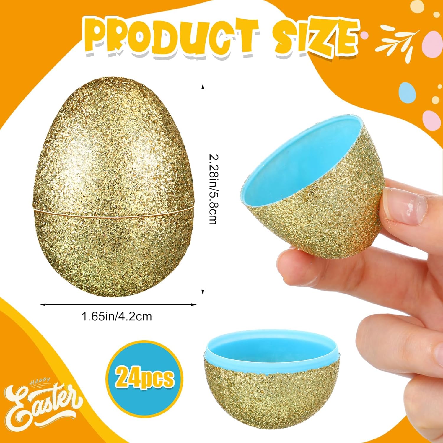 24 Pcs Glitter Easter Eggs Plastic Easter Fillable Hinged Eggs Bulk 2.3 Inch for Hunt Basket Stuffer Surprise Party Favor Treats Gifts (Gold)