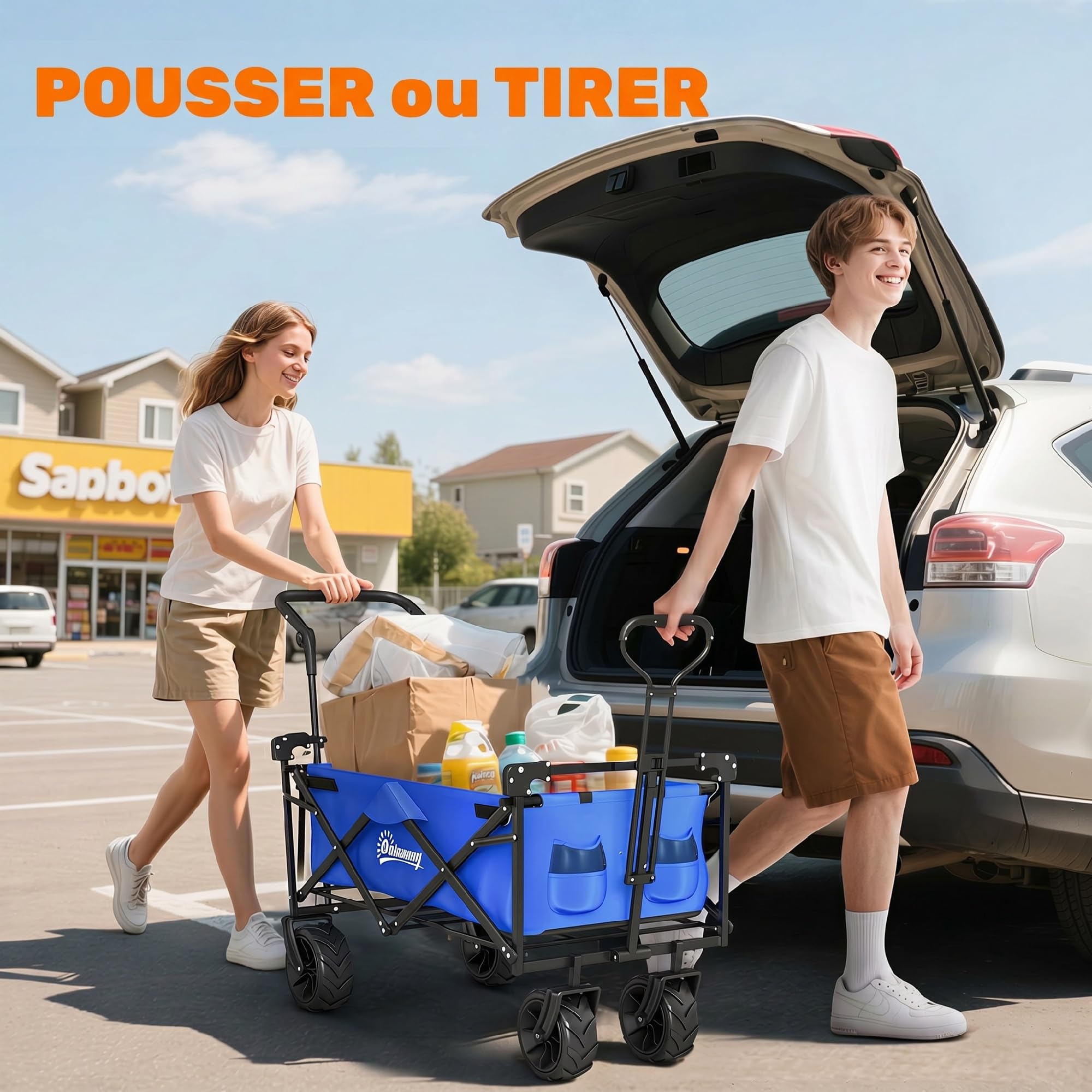 Outsunny Chariot de Transport Pliant avec Toit, poignée, Panier, Bleu | Chariot à roulettes plage Tout-terrain, charge 68 kg, acier Oxford