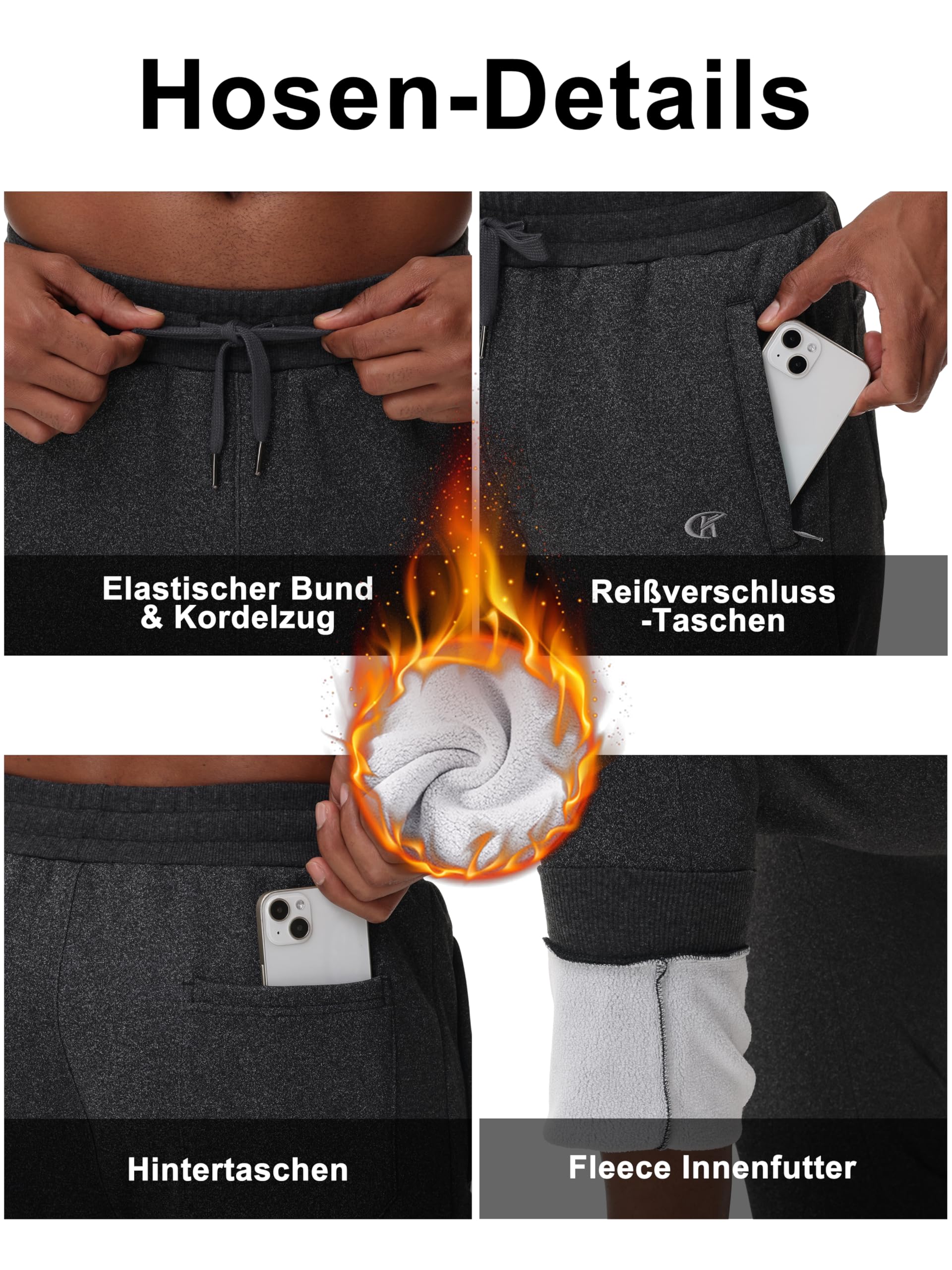 YuKaiChen Jogginghose Herren Fleece Warme Gefütterte Trainingshose Stretch Sporthose Winter Verdickte Sweathose mit Reißverschluss Taschen
