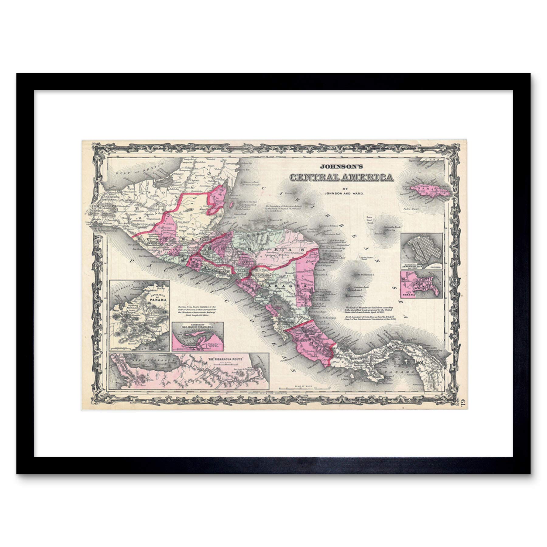 Wee Blue Coo Map Illustrated Antique Johnson Central America Framed Wall Art Print