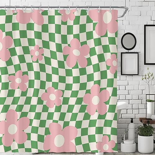Miniatura 2 de Bonita cortina de ducha retro rosa verde floral de los años 70 para baño, 72 pulgadas de ancho x 72 pulgadas de alto, diseño abstracto a cuadros,
