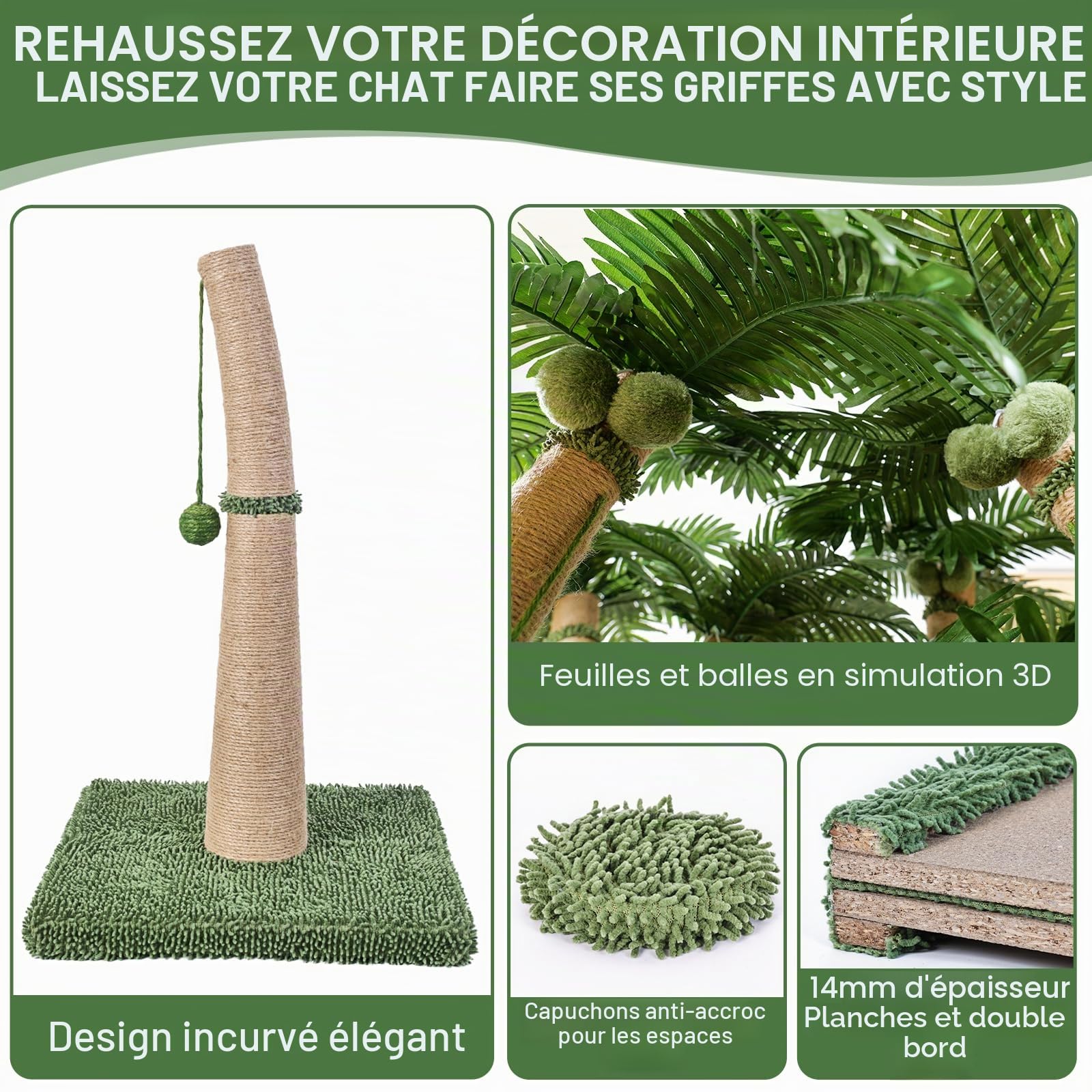 Arbre à chat de 102 cm de haut, arbre à chat avec design courbé, griffoir avec 3 balles interactives, corde de sisal naturel pour arbre à chat pour chats d'intérieur adultes et chatons, combinable