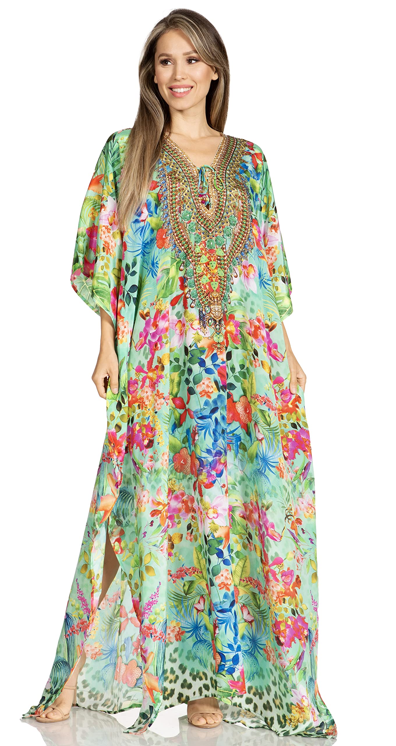 Sakkas Yeni Women's Short Sleeve V-Neck Summer Floral Long Caftan Dress Cover-up