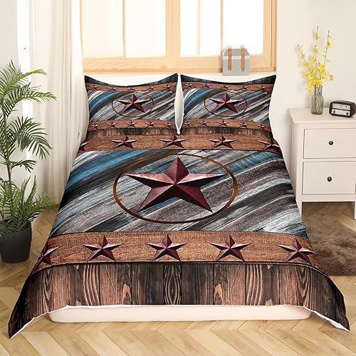 Funda de edredón rústica de Texas con estrellas del oeste de Texas, juego de ropa de cama para niños y niñas, tableros de madera, funda de edredón
