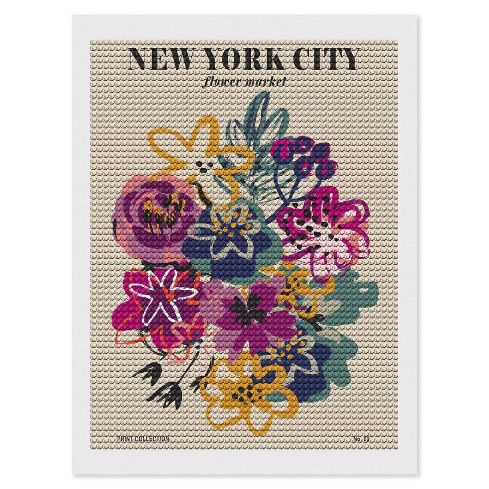 Junmoney New York City Flower Market Print Diamond Painting Canvas Set 12"x16", Mindful Craft Activity, Nice Detail and Sparkle, Farmhouse Decor, Birthday Gift