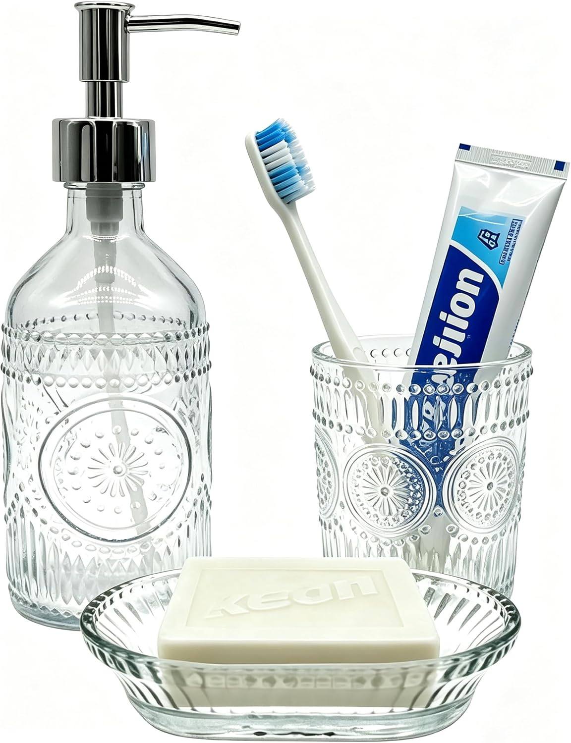 3 Piece Glass Bathroom Accessories Set, Modern Elegant Bathroom Countertop Decor, Lotion & Soap Dispenser, Toothbrush Holder, Soap Dish(Clear, 3 Pcs Bathroom Set)