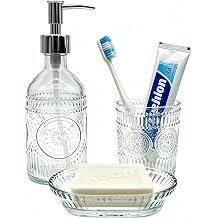 3 Piece Glass Bathroom Accessories Set, Modern Elegant Bathroom Countertop Decor, Lotion & Soap Dispenser, Toothbrush Holder, Soap DishClear, 3 Pcs Bathroom Set