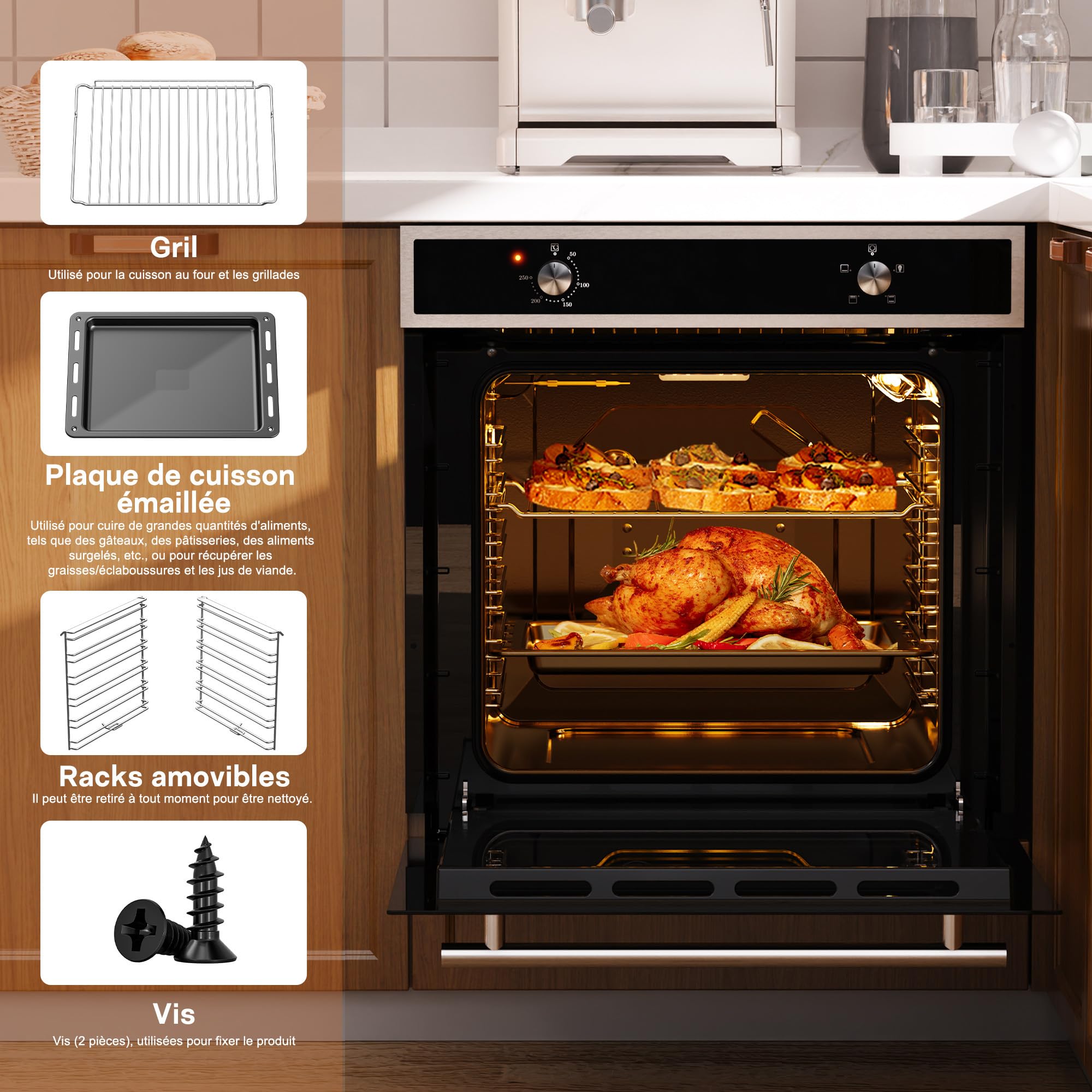 Karinear Four Electrique 60 cm avec Bouton de Commande, Four Encastrable, 65 L, 4 Programmes, 50-250 °C, avec Panneau en Verre Trempé, 2200W, 220-240V, avec Prise