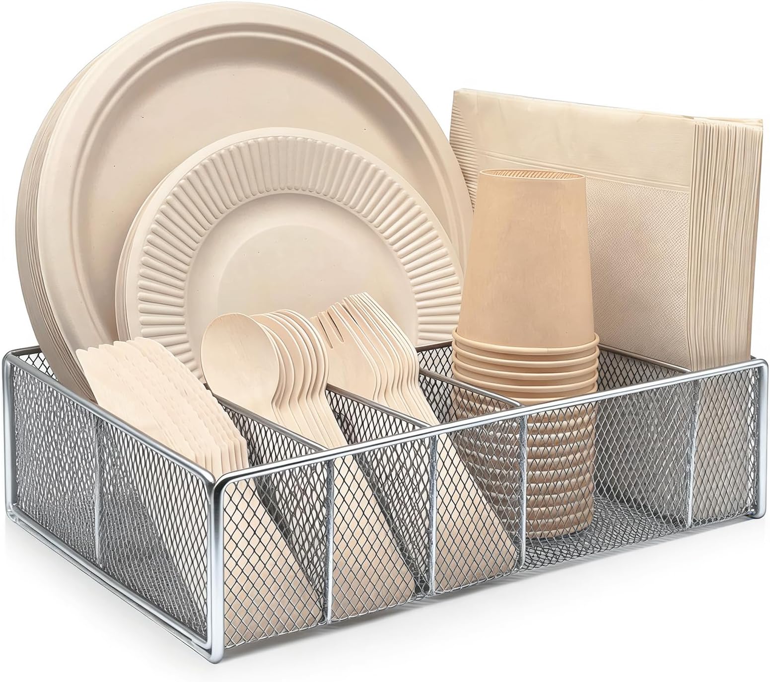 Metal Paper Plate Holder - Utensil Silverware Caddy for Kitchen Counter Cabinet Cutlery Flatware Organizer Storage Dispenser for Plastic Spoon Fork Plates Napkins Cup Party Camping Silver