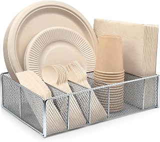 DysanVica Metal Paper Plate Holder - Utensil Silverware Caddy Silver