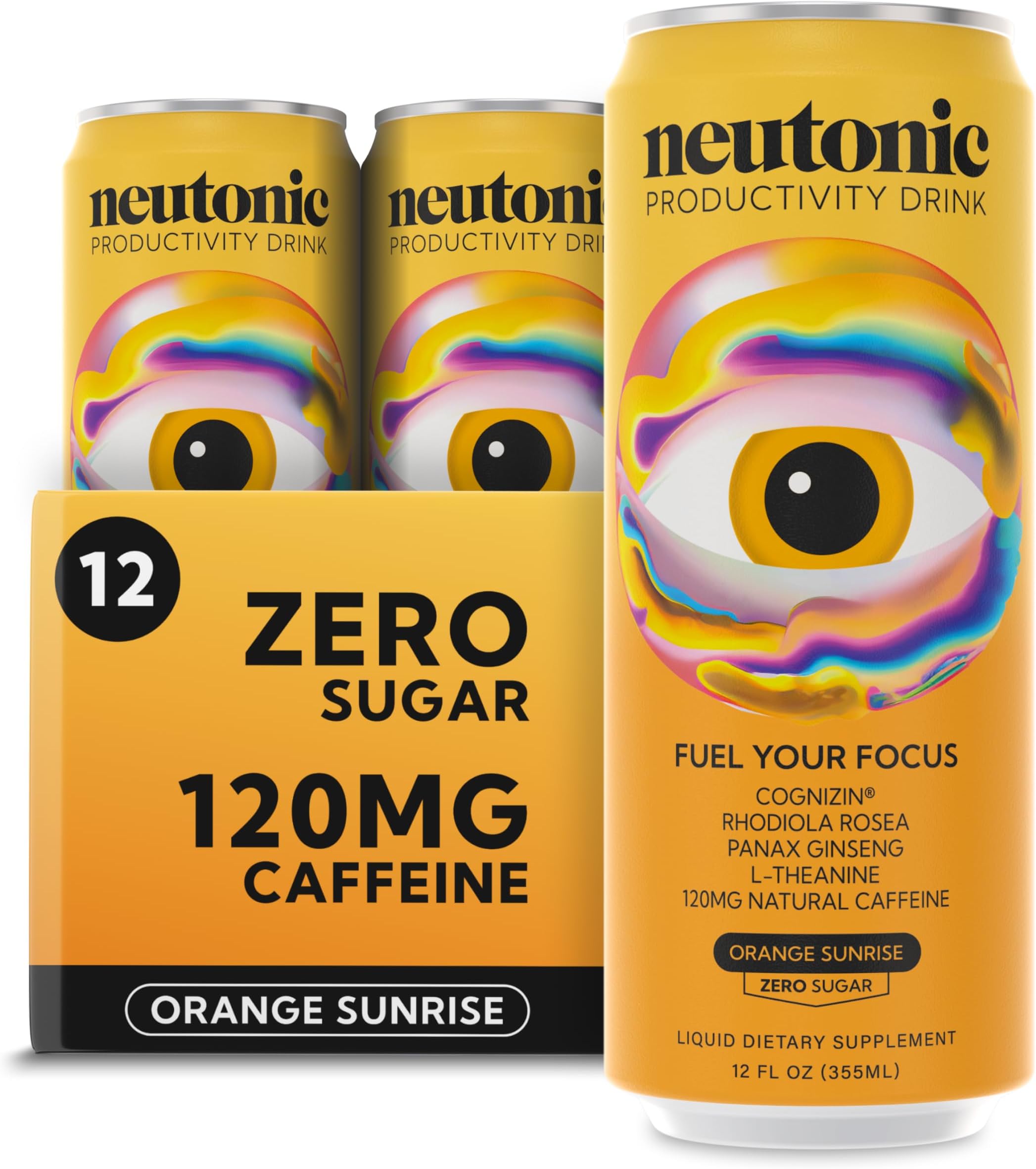Neutonic Nootropic Productive Energy Drink | Orange Sunrise 12 Cans | 120mg Natural Caffeine Zero Sugar | Supports Memory, Mental Clarity, Cognitive Function | Promotes Focus, Energy, and Brain Health