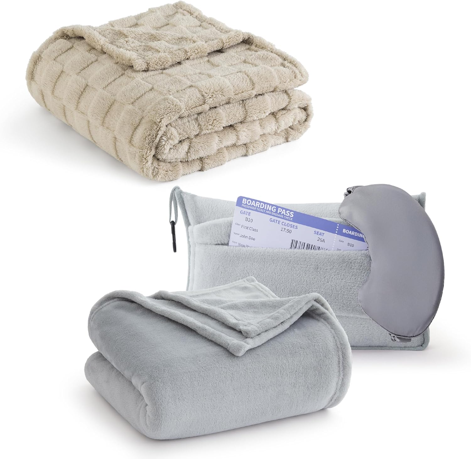 Bedsure 3-in-1 Compact Travel Blanket and Pillow Set Grey & Cozy Blanket Light Brown 50x60