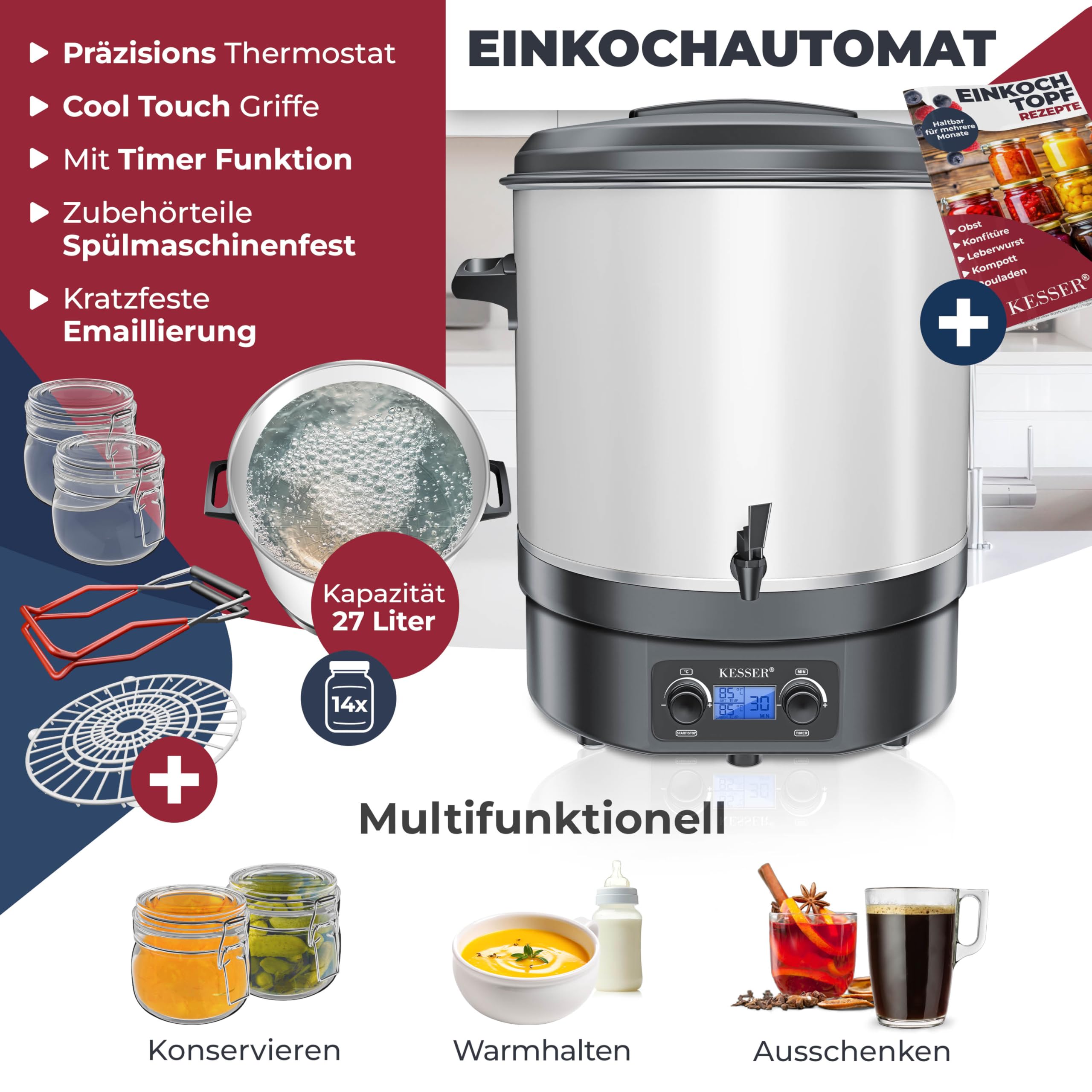 KESSER® Macchina per conserve da 2000W capacità 27L con display LCD Bollitore per vin brulé Dispenser erogatore per bevande calde, bianco
