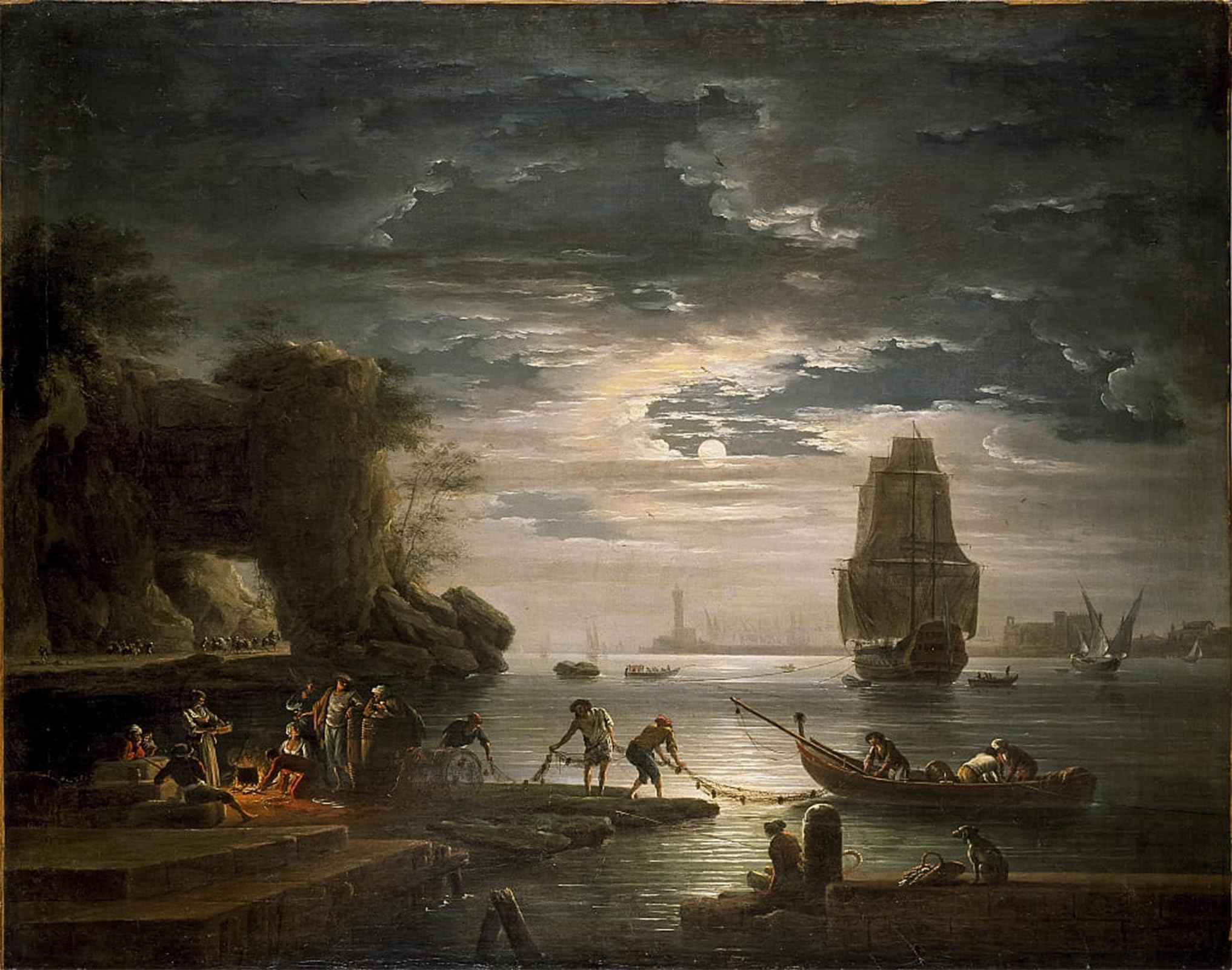 ARTXLXXBN Famous Prints Artwork Pictures Poster Painting Art Coastal Scene At Night by Claude Vernet Artwork Landscape Pictures for Home Decor 60x90cm