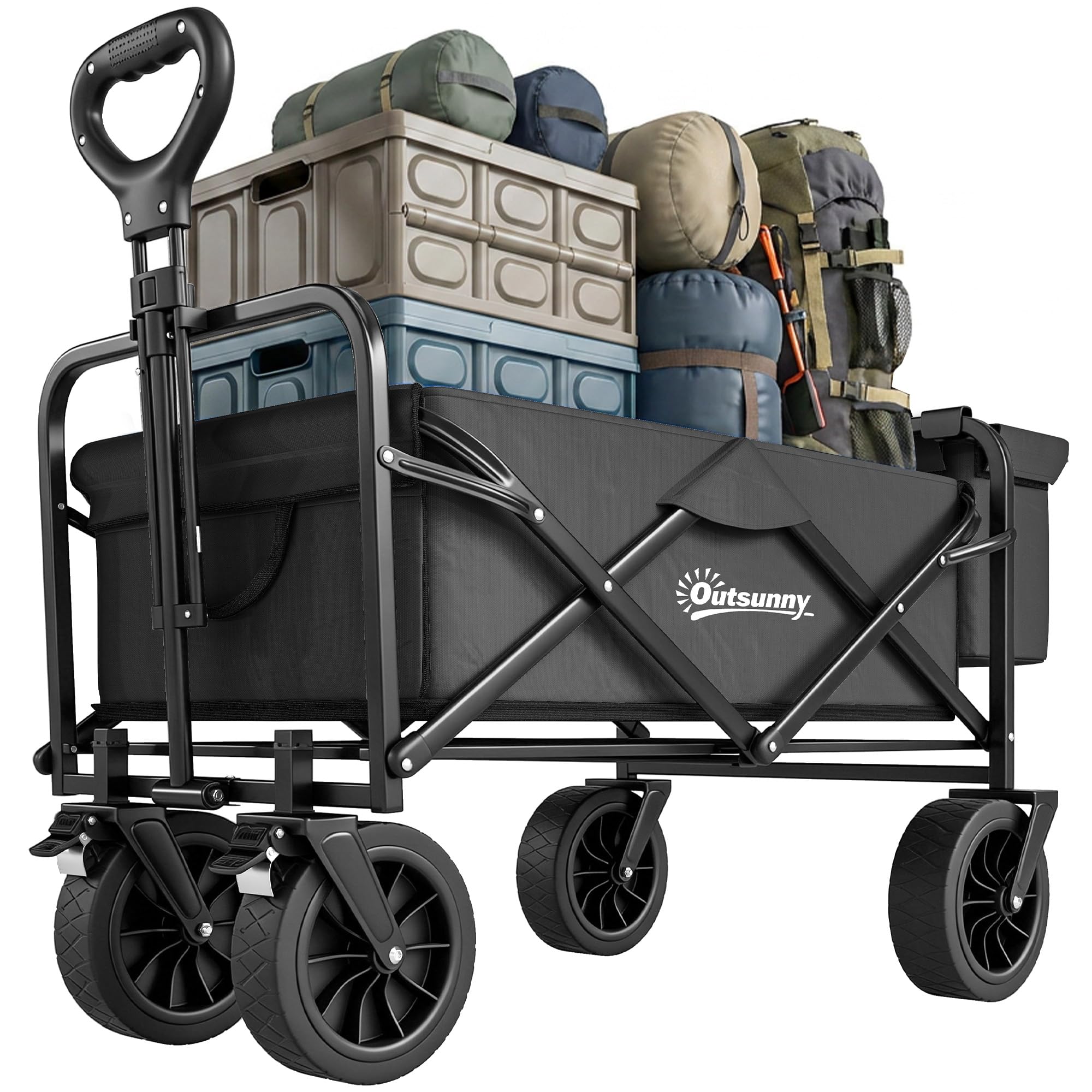 Outsunny Chariot de plage pliant avec grandes roues, extérieur, Noir | Sac isotherme amovible, longueur et angle de poignée réglables, sac de transport, 100 kg de charge, courses, jardin