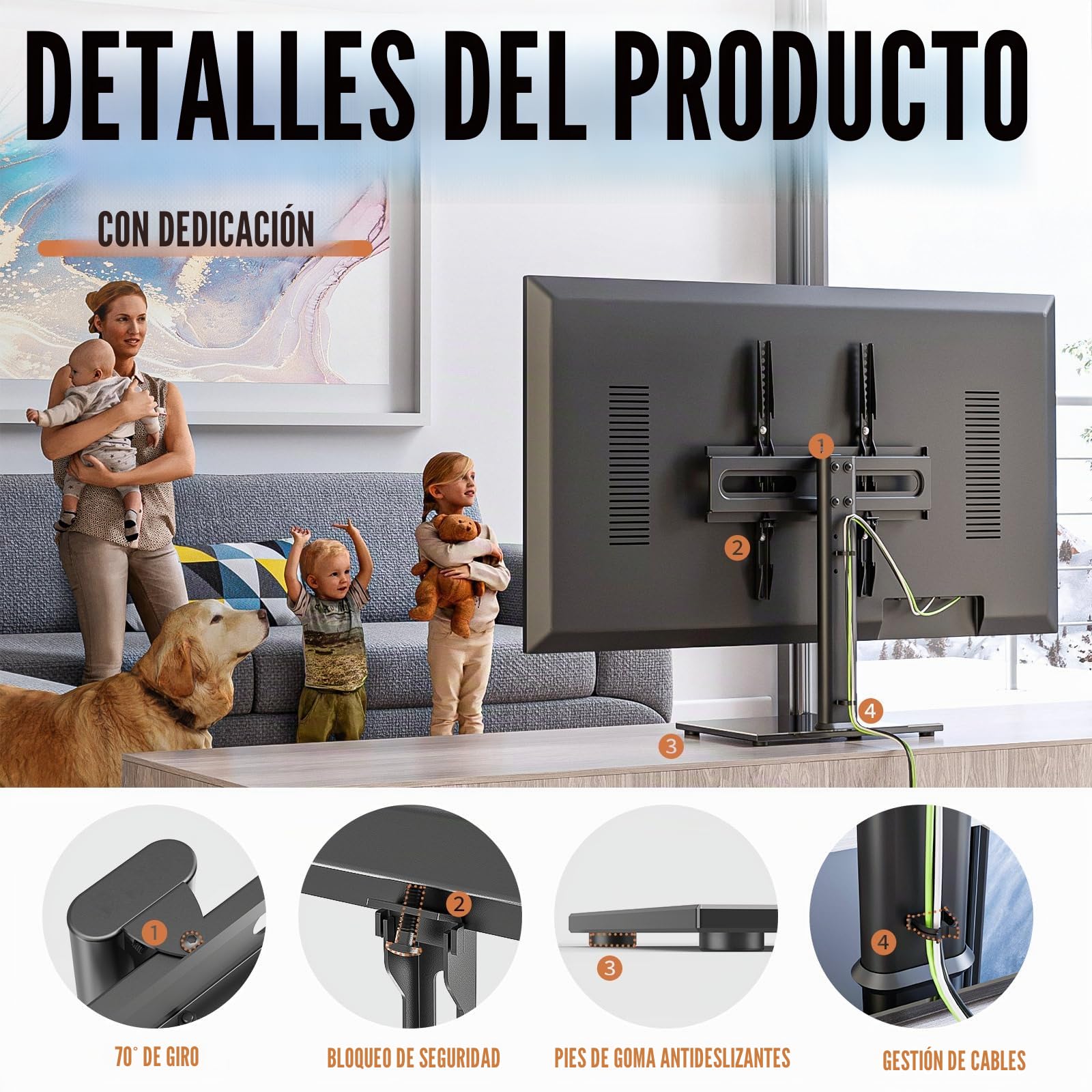 Hemudu Soporte TV Pie Universal, Soporte TV Mesa para Televisores LCD LED de 27 a 60 Pulgadas, Base Mesa TV de Altura Ajustable de 9 Niveles, Soporte Giratorio TV 70º, MAX Vesa 400x400mm, MAX 40kg