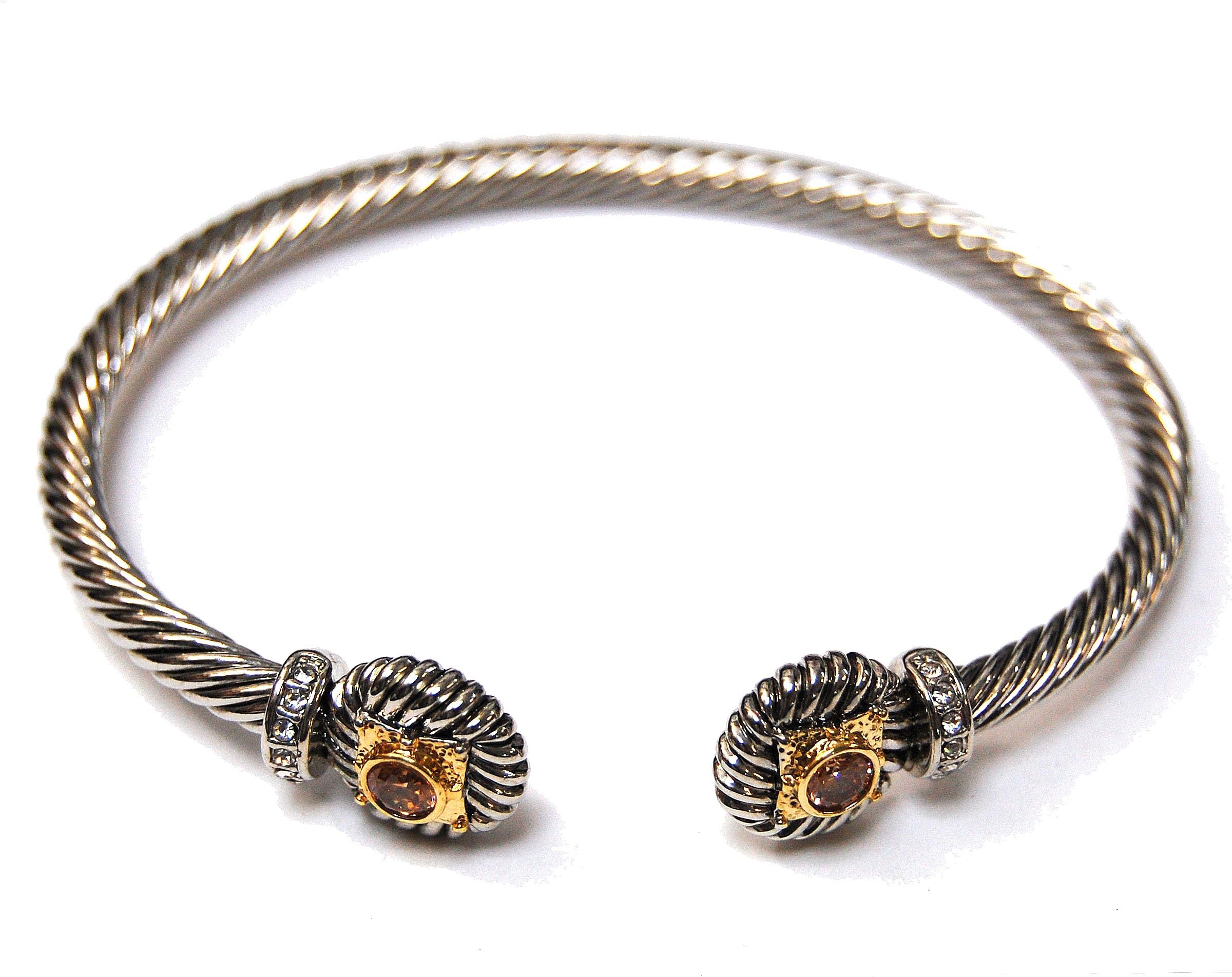 TJ Magic Two-Tone Cable Twist Wire Rhodium Plated Bangle Bracelet with Square Design Cubic Zirconia Crystal Stone