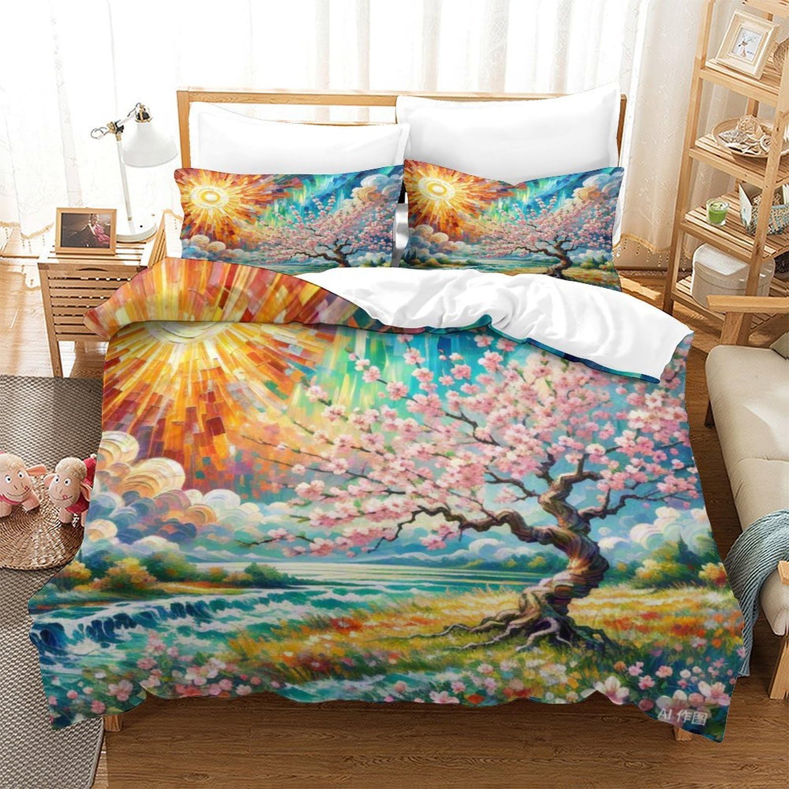 Housse de couette fleur de pêche 3D parure de lit super king 260x220