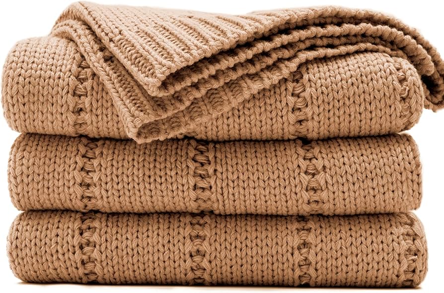 Cable Knit Light Brown Throw Blanket 60"x80"