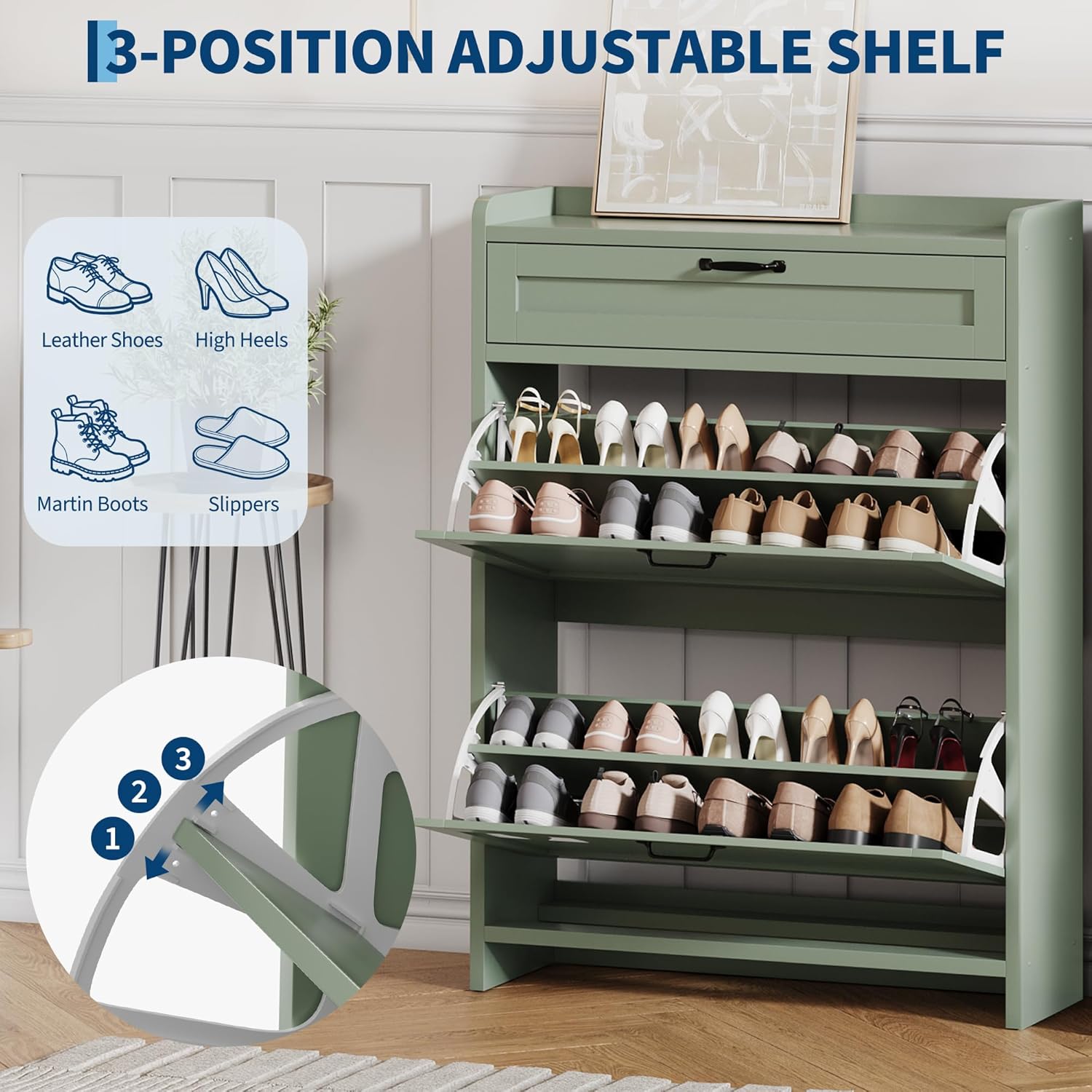 IDEALHOUSE Shoe Cabinet with 2 Flip Drawers & 1 Top Drawer, High-Gloss Painted Wood Shoe Organizer with Adjustable Shelves, Freestanding Hidden Shoe Storage Cabinet for Entryway Hallway Living Room