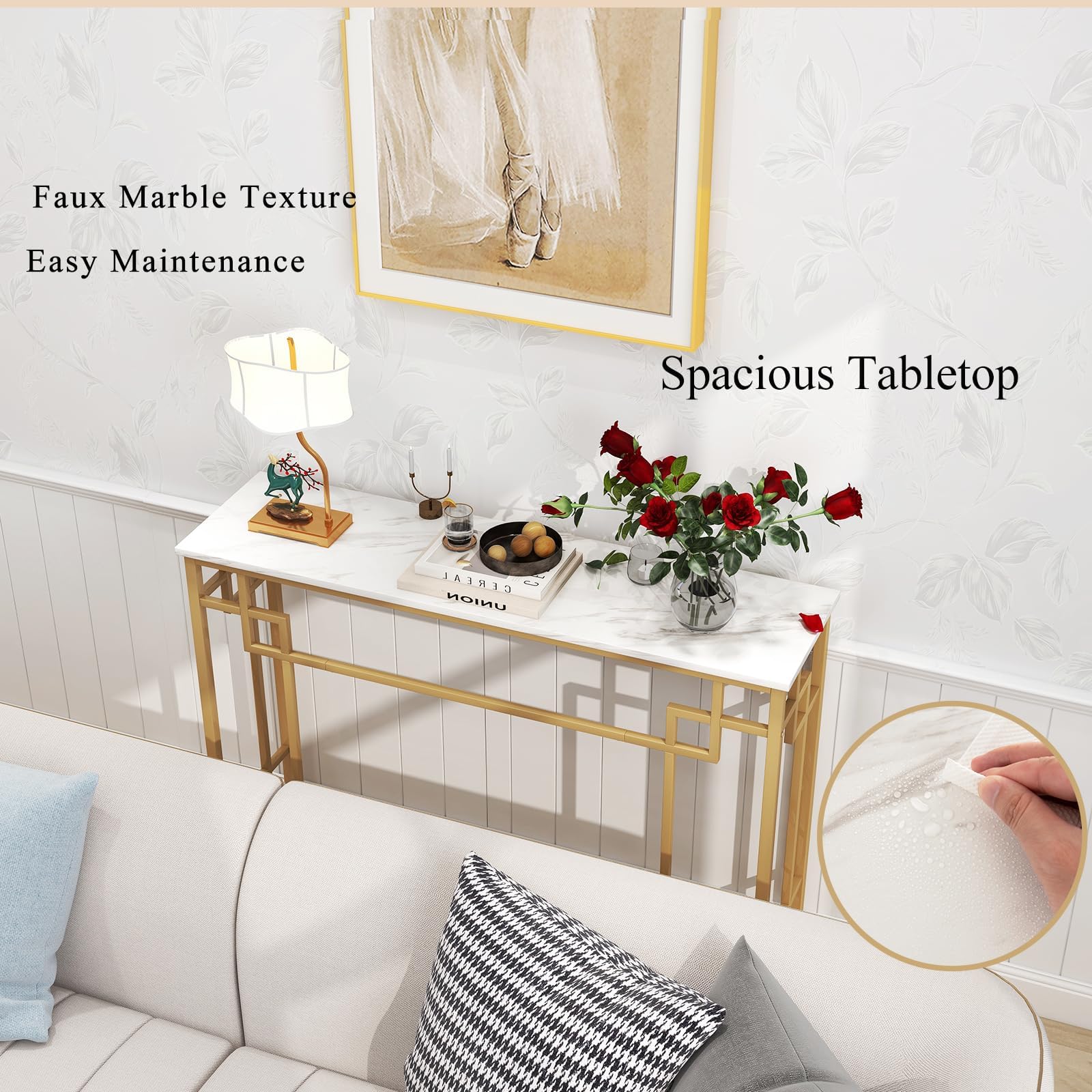LIFEZEAL Tavolo Console Moderno, Tavolo Consolle, Effetto di Marmo, Tavolo d’Ingresso, Telaio in Metallo, Piedini Regolabili, Salvaspazio, per Corridoio, Soggiorno, Entrata, Max 30kg, 110x30x81cm, Oro