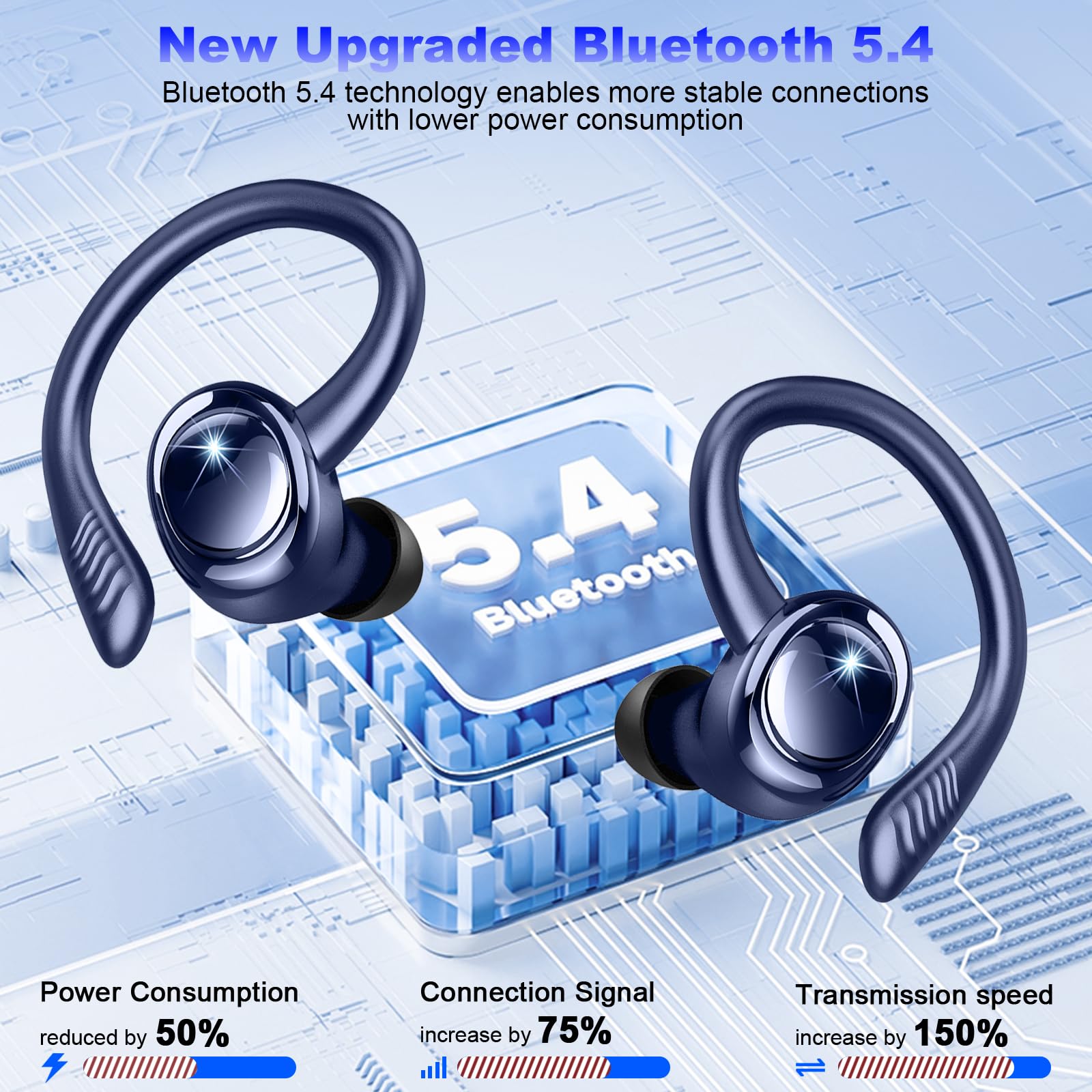 Auriculares Inalámbricos Bluetooth Deportivos, 60H Auriculares Bluetooth 5.4 con HiFi Estéreo, 4 ENC Mics, 2026 Cascos Inalambricos con Cancelación RuidoI/IP7 Impermeable/Azul Auriculares para Correr