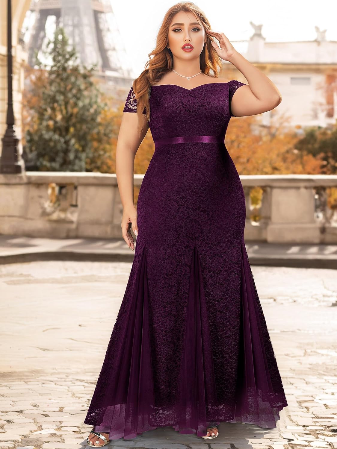 Miusol Women's Plus Size Formal Off Shoulder Vintage Floral Lace Mermaid Maxi Evening Party Dress - Image 4