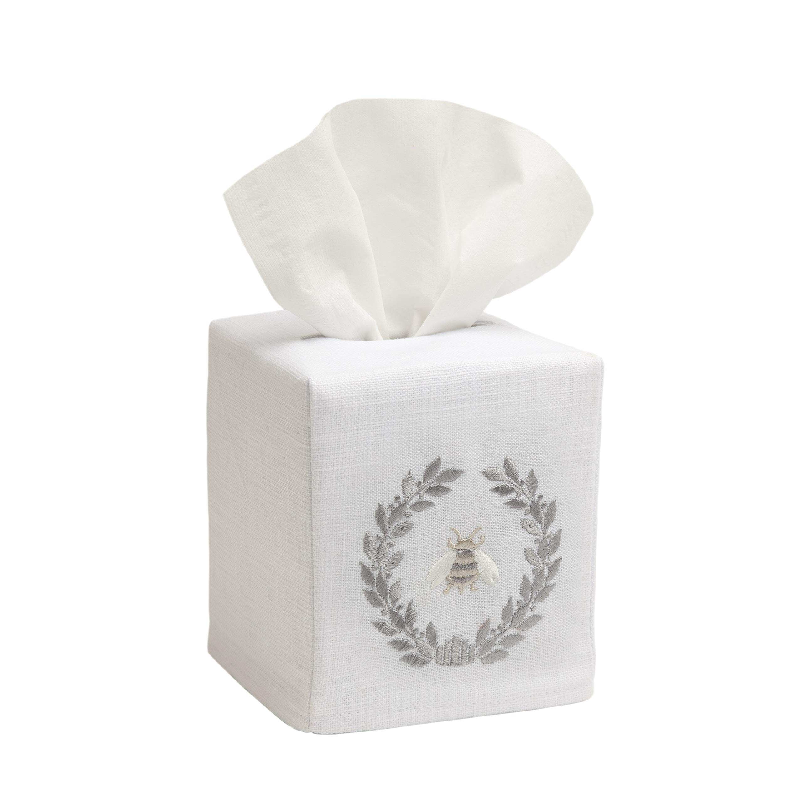 Jacaranda Living Square Tissue Box Cover, Linen/Cotton Fabric Tissue Holder, Decorative Cloth Tissue Cube Cover, Nature Designs Napoleon Bee Wreath (Pewter)