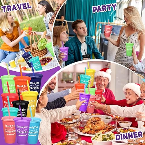 Miniatura 5 de Dandat 40 vasos coloridos de 16 onzas con popote y tapa, de plástico, reutilizables, de agradecimiento, botella de agua, bebida fría, taza de viaje