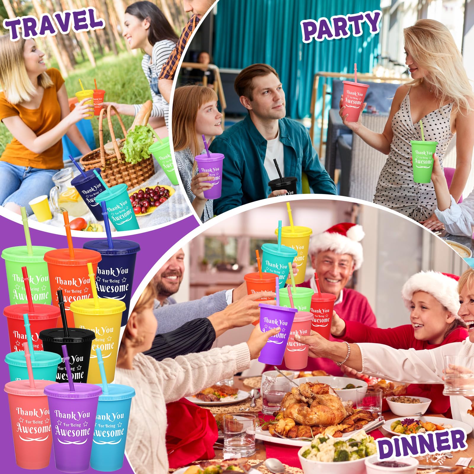 Nuenen 30 Vasos De Regalo De Agradecimiento Con Popote Y Tapa, Vasos Coloridos De Plástico De 24 Onzas Con Tapa Y Pajilla, Taza De Café Inspiradora Reutilizable, Regalo De Agradecimiento Para