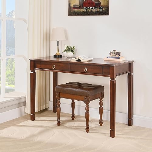 Miniatura 3 de Taburete de tocador de madera maciza con tapizado, banco de piano de mediados de siglo con patas talladas, taburetes de maquillaje con asiento de