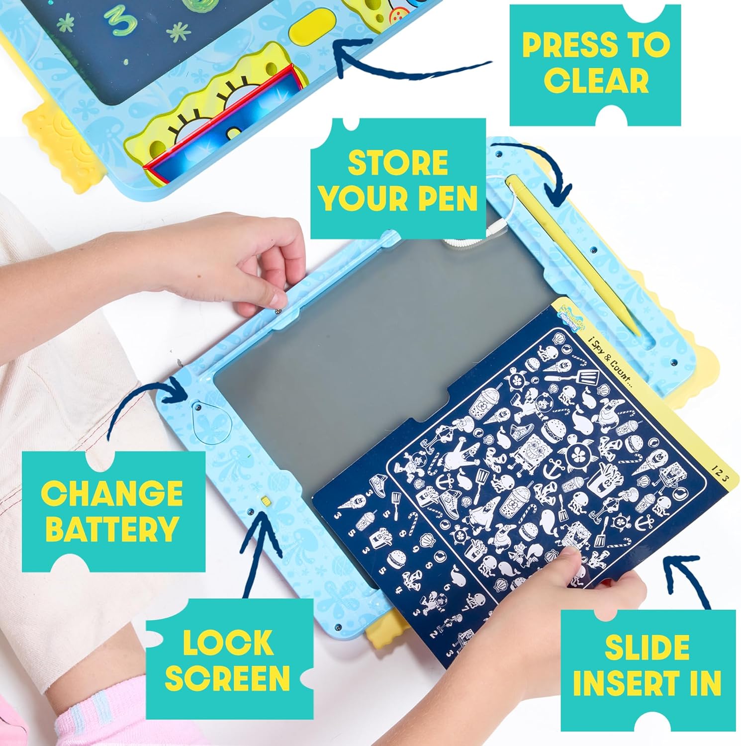 Spongebob Squarepants LCD Doodle Writing Tablet Toy - Travel Essential for Kids - Birthday Gift for Boys & Girls - STEM Drawing & Educational Learning Activity Games (Lagoon Blue)