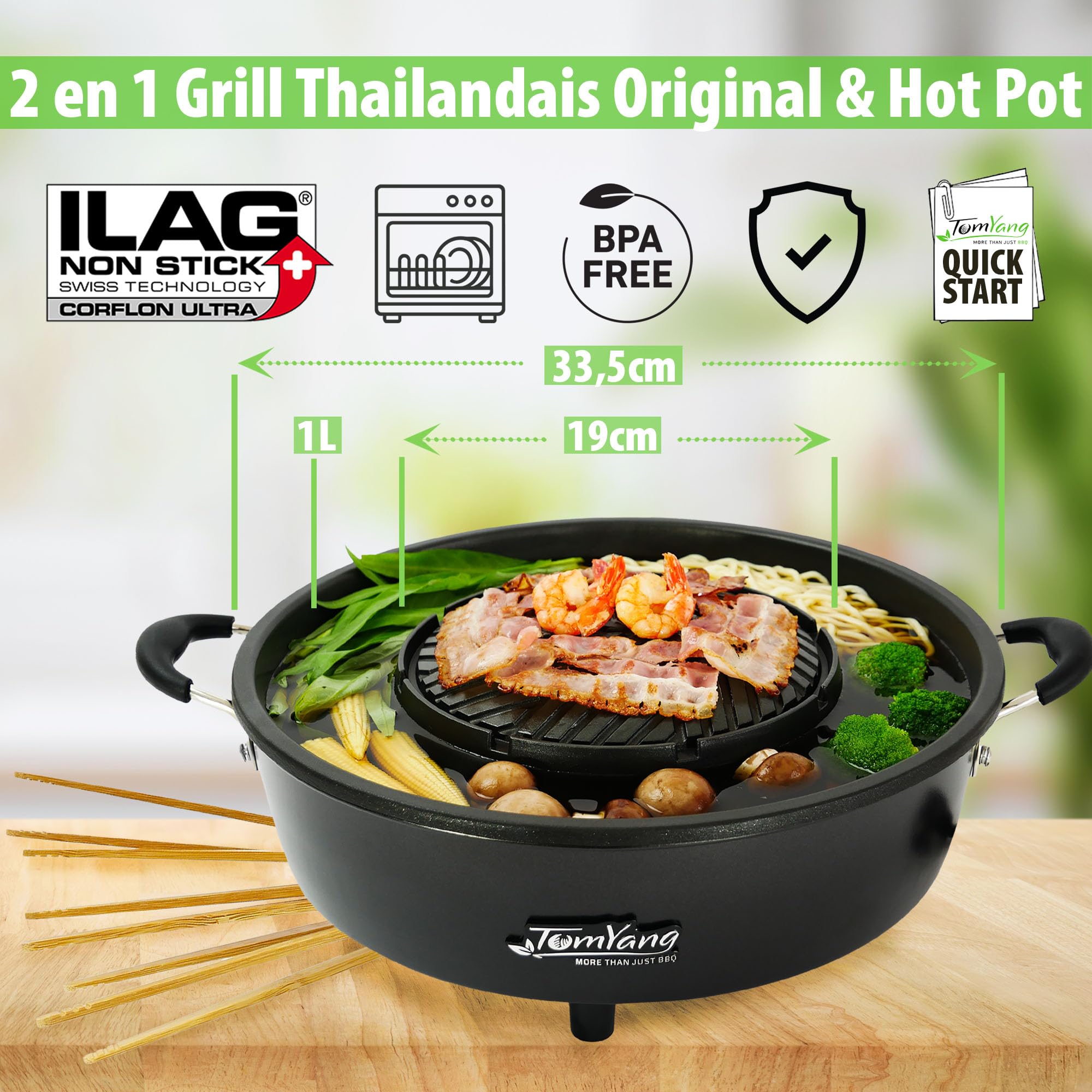 TomYang Hot Pot, barbecue thaïlandais et hot pot original, BBQ thai électrique multicuiseur, revêtement suisse, design allemand, +100 vidéos de recettes. Barbecue coréen de table, appareil raclette