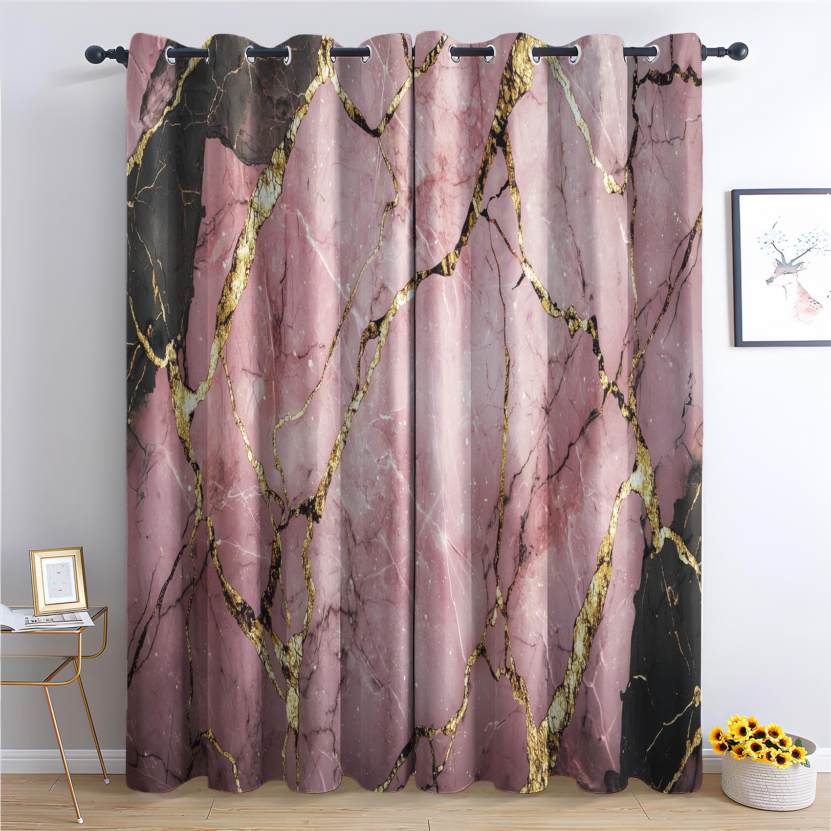 Rideau Occultant Marbre - Décoration Marbre, Rideau Thermique Motif Rose et Or Abstrait Moderne Luxe, Lot de 2 Rideaux Opaque à Oeillets pour Fenetre Chambre Salon, 117x137 cm (LxH)