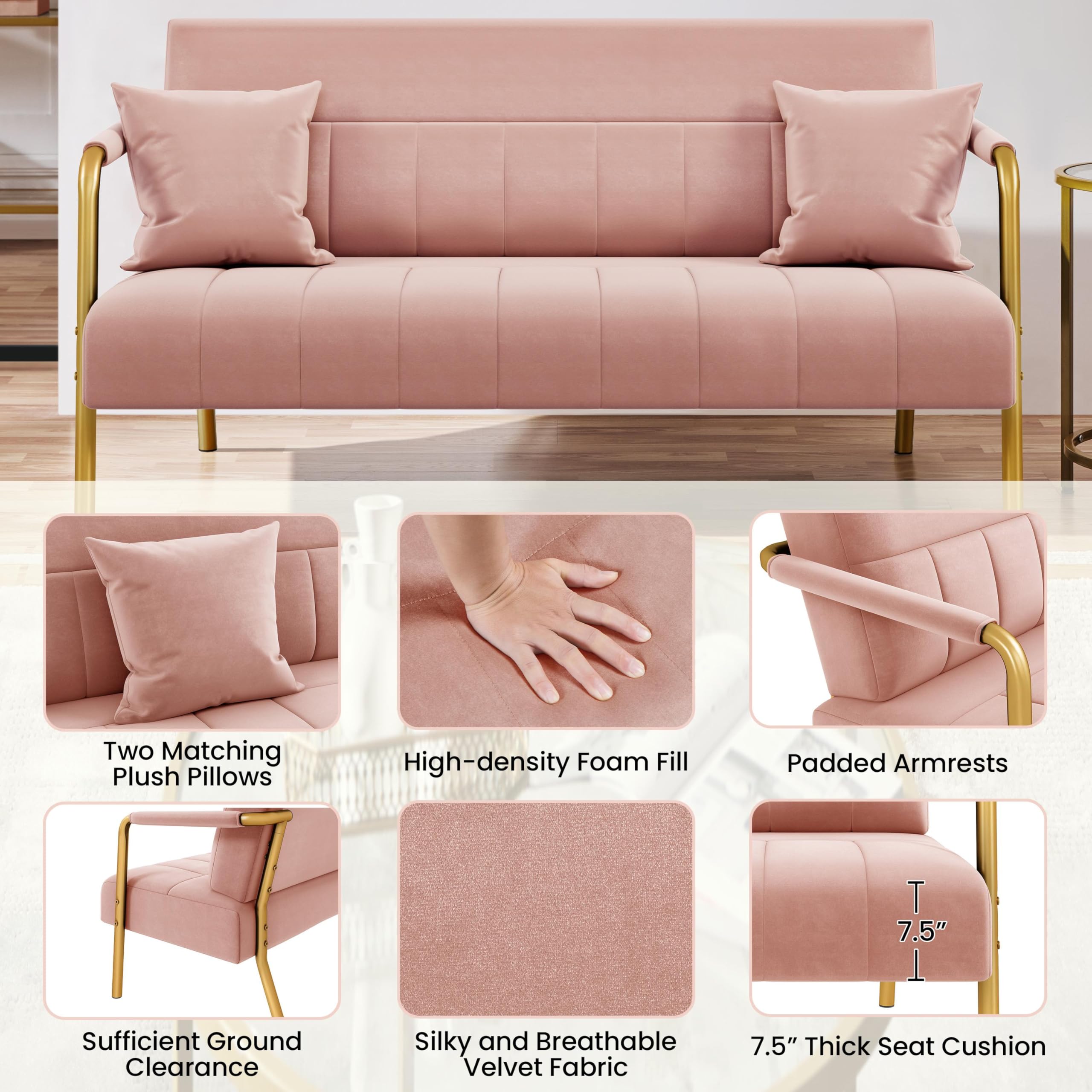 Yaheetech 56.5" Smal Sofa 2 Seater Couch with Gold-Tone Legs, Pink | Small Sofa Loveseat Velve 2 Seater Couch with Tufted Back Gold Metal Frame 2 Pillows for Office, Studio,Living Room
